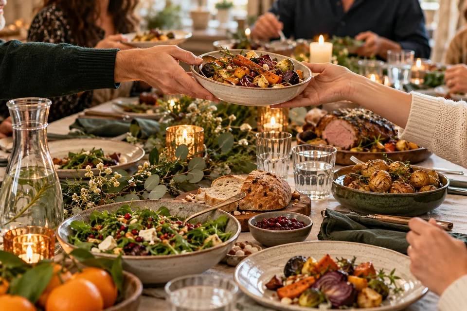 Table de fête avec légumes, plats à partager et carafe d’eau