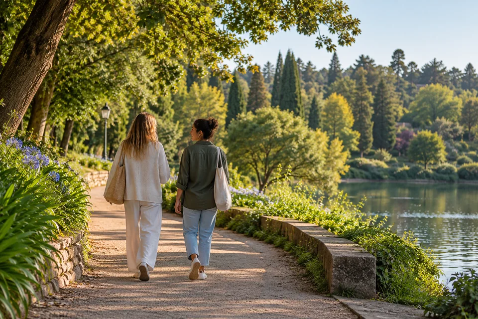 Promenade entre amis sur un chemin de parc verdoyant