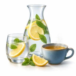 Carafe d’eau, verre et tasse de thé.