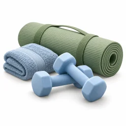Haltères, tapis d’exercice et serviette.