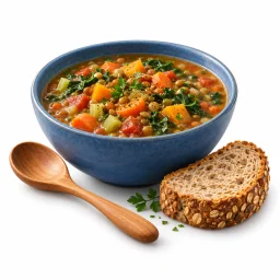 Bol de soupe aux légumes et lentilles avec pain complet.