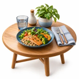 Table sereinement dressée avec une petite plante.